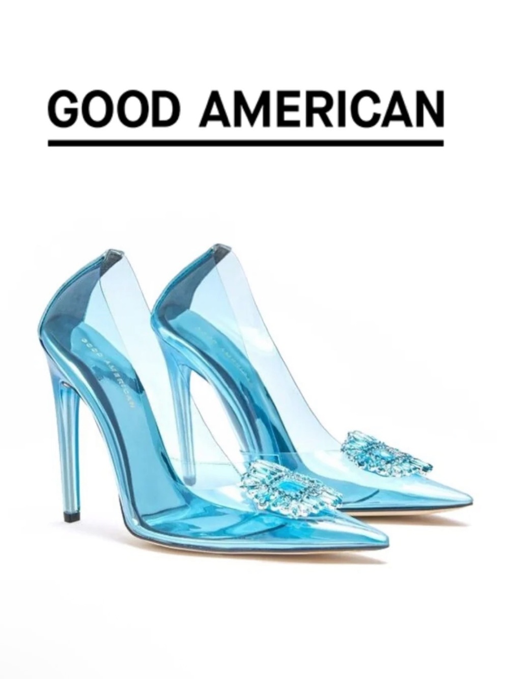 Good American Metallic Aqua Pointed-Toe Stiletto Pumps with Crystal Accent